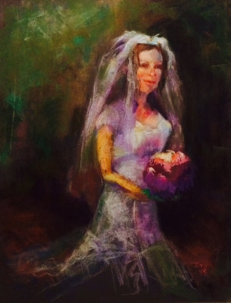 The artist in her wedding dress, holding a bouquet