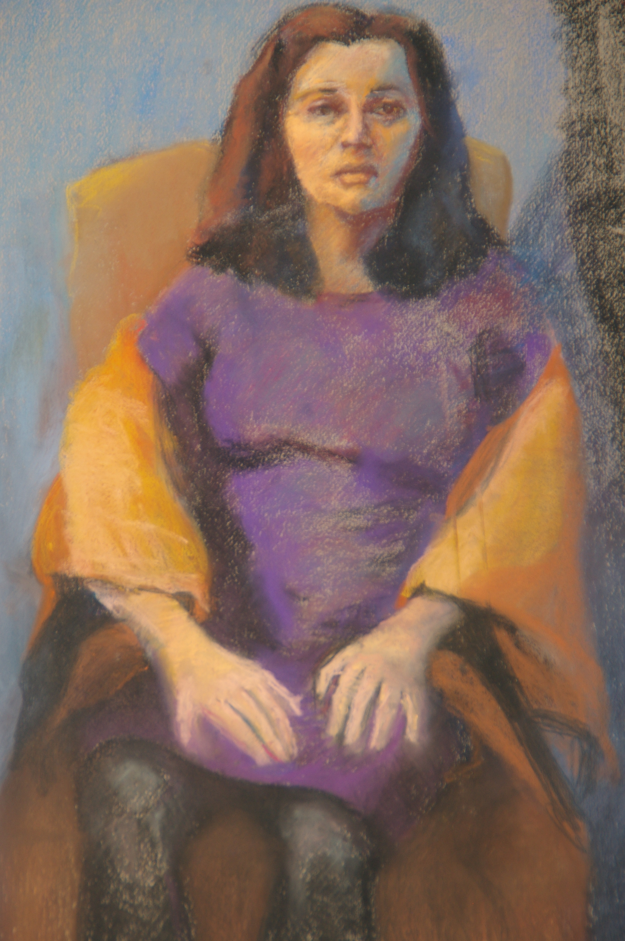 Painting of a white woman with medium length brown hair seated in a yellow chair, wearing purple